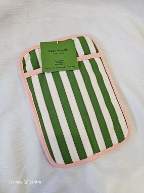 kate spade Green & White Striped Pot Holder with Pink Trim Set of 2
